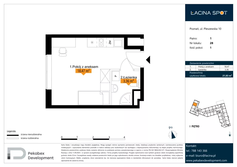 1 pokój, apartament inwestycyjny 21,83 m², piętro 1, oferta nr B.1.28, Łacina Spot, Poznań, Rataje, Łacina, ul. Pleszewska 10