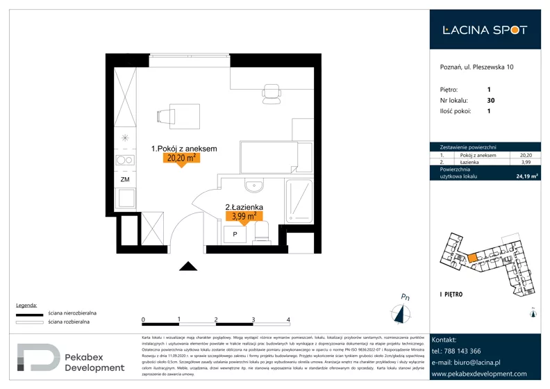 1 pokój, apartament inwestycyjny 24,19 m², piętro 1, oferta nr B.1.30, Łacina Spot, Poznań, Rataje, Łacina, ul. Pleszewska 10