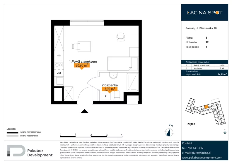 1 pokój, apartament inwestycyjny 24,29 m², piętro 1, oferta nr B.1.32, Łacina Spot, Poznań, Rataje, Łacina, ul. Pleszewska 10
