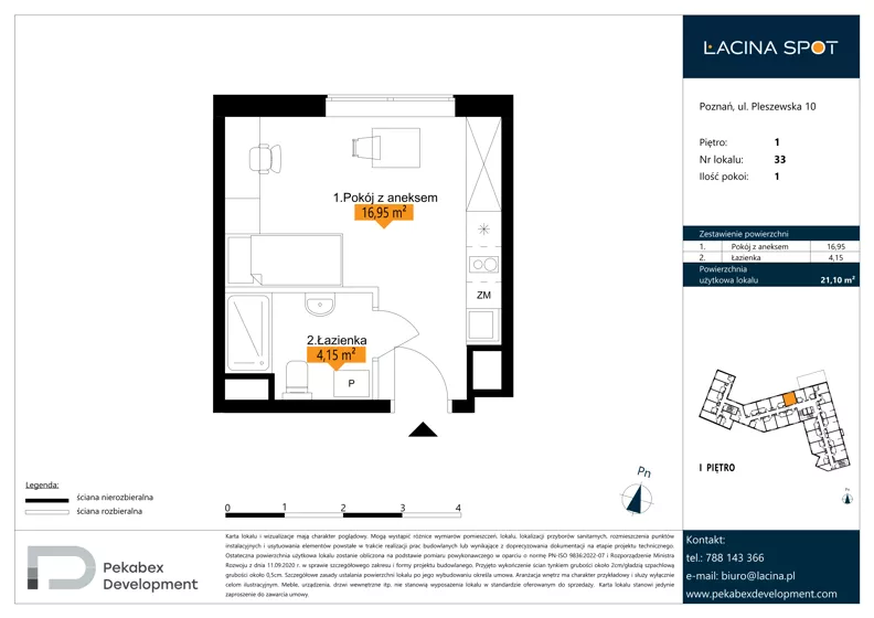 1 pokój, apartament inwestycyjny 21,10 m², piętro 1, oferta nr B.1.33, Łacina Spot, Poznań, Rataje, Łacina, ul. Pleszewska 10