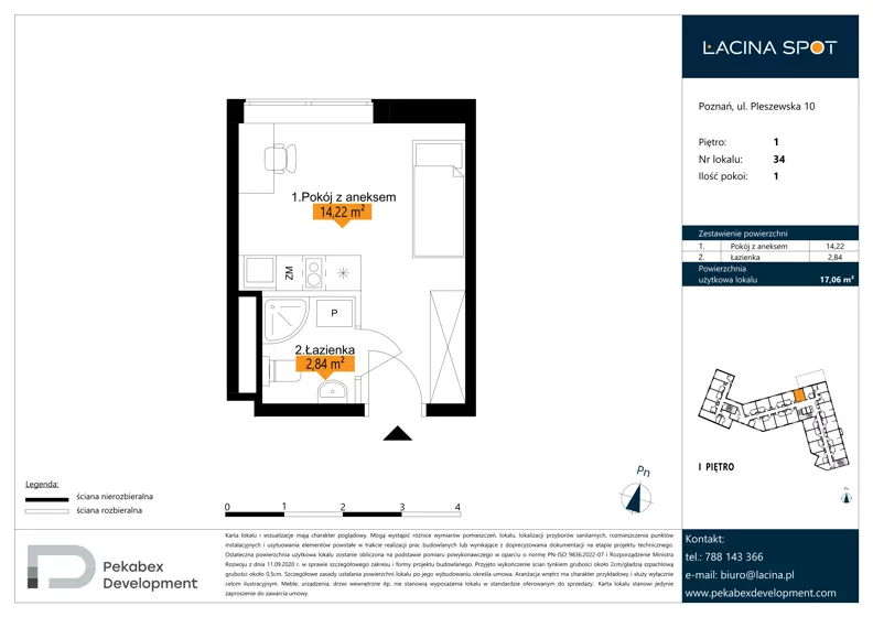 1 pokój, apartament inwestycyjny 17,06 m², piętro 1, oferta nr B.1.34, Łacina Spot, Poznań, Rataje, Łacina, ul. Pleszewska 10