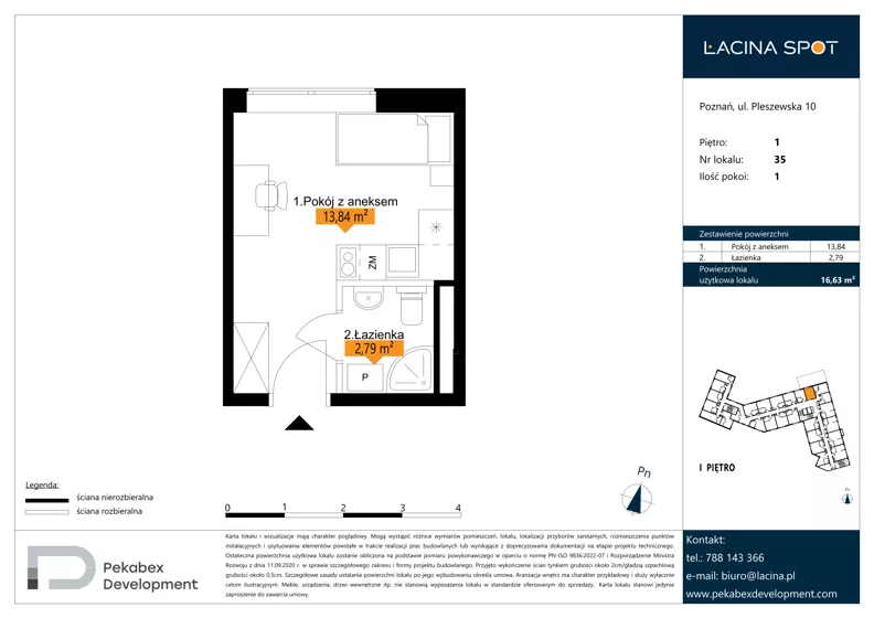 1 pokój, apartament inwestycyjny 16,63 m², piętro 1, oferta nr B.1.35, Łacina Spot, Poznań, Rataje, Łacina, ul. Pleszewska 10