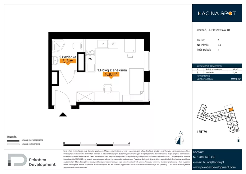 1 pokój, apartament inwestycyjny 19,98 m², piętro 1, oferta nr B.1.36, Łacina Spot, Poznań, Rataje, Łacina, ul. Pleszewska 10