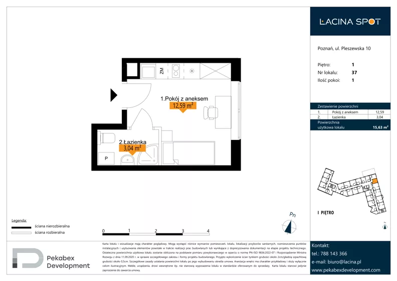 1 pokój, apartament inwestycyjny 15,63 m², piętro 1, oferta nr B.1.37, Łacina Spot, Poznań, Rataje, Łacina, ul. Pleszewska 10