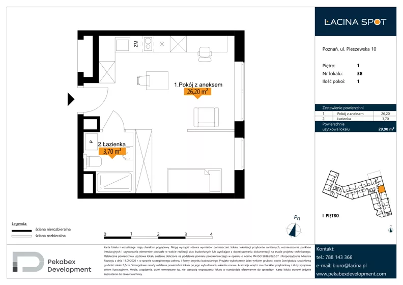 1 pokój, apartament inwestycyjny 29,90 m², piętro 1, oferta nr B.1.38, Łacina Spot, Poznań, Rataje, Łacina, ul. Pleszewska 10
