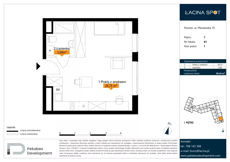 1 pokój, apartament inwestycyjny 30,44 m², piętro 1, oferta nr B.1.41, Łacina Spot, Poznań, Rataje, Łacina, ul. Pleszewska 10