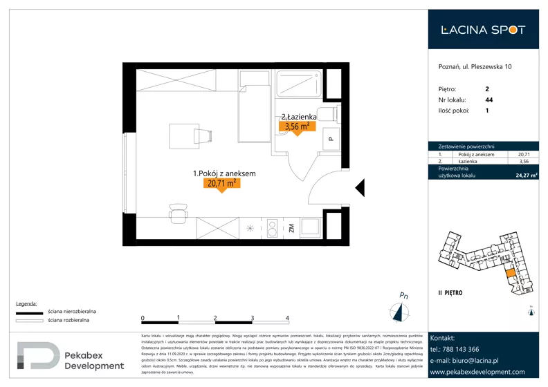 1 pokój, apartament inwestycyjny 24,27 m², piętro 2, oferta nr B.2.44, Łacina Spot, Poznań, Rataje, Łacina, ul. Pleszewska 10