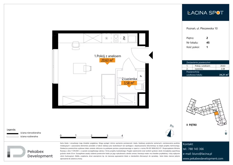 1 pokój, apartament inwestycyjny 24,21 m², piętro 2, oferta nr B.2.45, Łacina Spot, Poznań, Rataje, Łacina, ul. Pleszewska 10