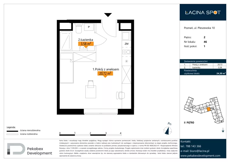 1 pokój, apartament inwestycyjny 24,30 m², piętro 2, oferta nr B.2.46, Łacina Spot, Poznań, Rataje, Łacina, ul. Pleszewska 10