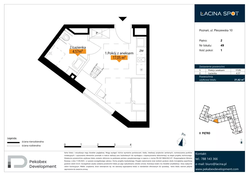 1 pokój, apartament inwestycyjny 21,62 m², piętro 2, oferta nr B.2.49, Łacina Spot, Poznań, Rataje, Łacina, ul. Pleszewska 10