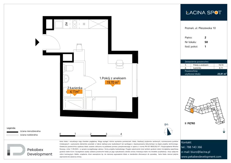 1 pokój, apartament inwestycyjny 23,81 m², piętro 2, oferta nr B.2.50, Łacina Spot, Poznań, Rataje, Łacina, ul. Pleszewska 10