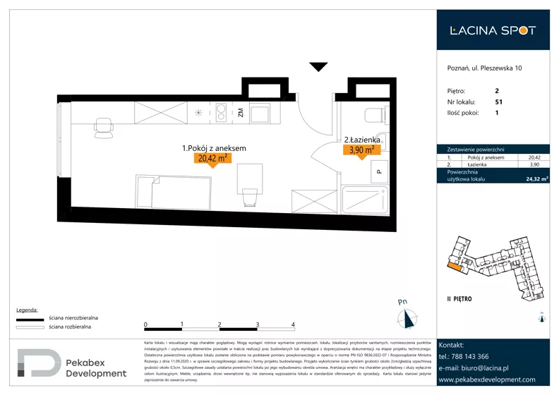 1 pokój, apartament inwestycyjny 24,32 m², piętro 2, oferta nr B.2.51, Łacina Spot, Poznań, Rataje, Łacina, ul. Pleszewska 10