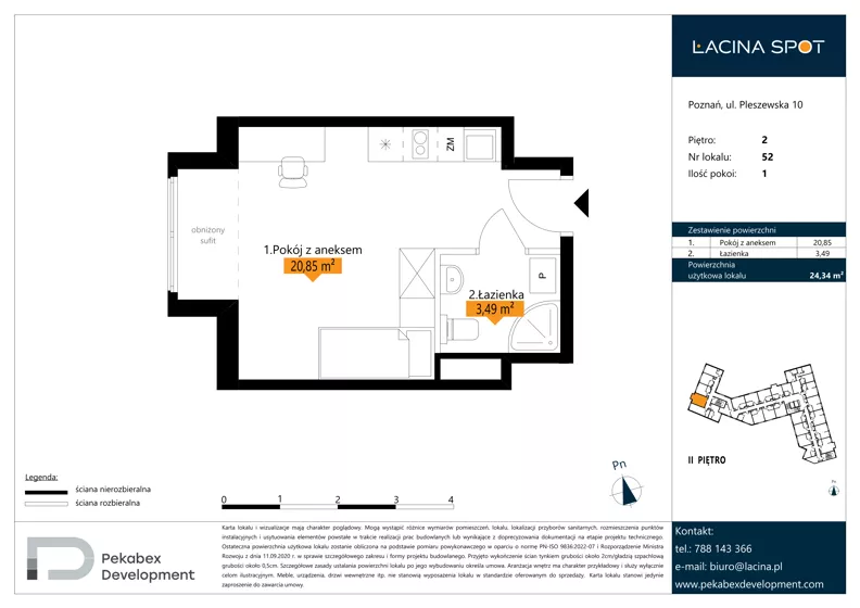 1 pokój, apartament inwestycyjny 24,34 m², piętro 2, oferta nr B.2.52, Łacina Spot, Poznań, Rataje, Łacina, ul. Pleszewska 10