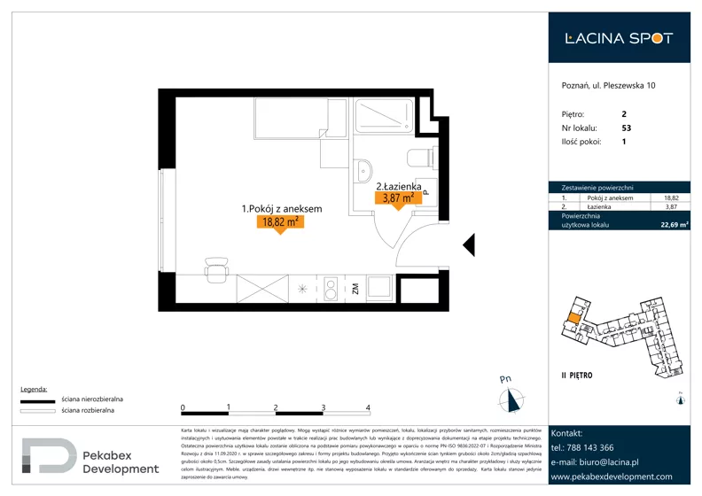 1 pokój, apartament inwestycyjny 22,69 m², piętro 2, oferta nr B.2.53, Łacina Spot, Poznań, Rataje, Łacina, ul. Pleszewska 10