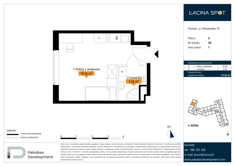 1 pokój, apartament inwestycyjny 21,94 m², piętro 2, oferta nr B.2.54, Łacina Spot, Poznań, Rataje, Łacina, ul. Pleszewska 10