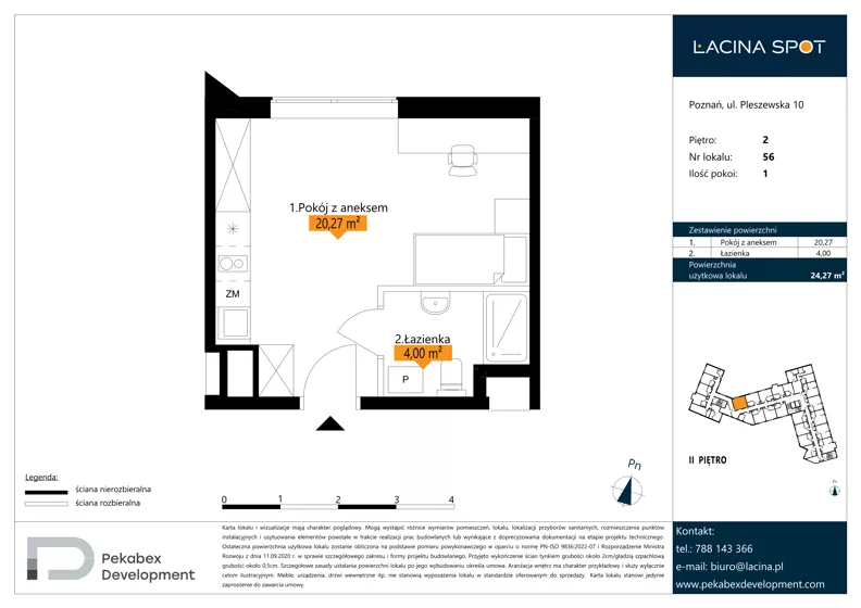 1 pokój, apartament inwestycyjny 24,27 m², piętro 2, oferta nr B.2.56, Łacina Spot, Poznań, Rataje, Łacina, ul. Pleszewska 10