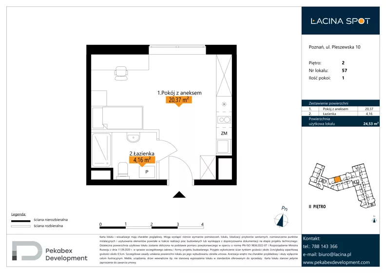 1 pokój, apartament inwestycyjny 24,53 m², piętro 2, oferta nr B.2.57, Łacina Spot, Poznań, Rataje, Łacina, ul. Pleszewska 10