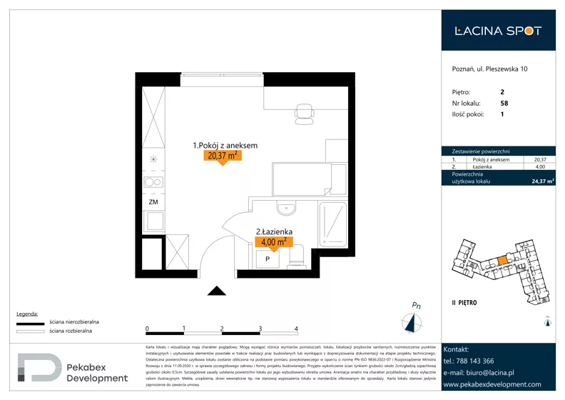 1 pokój, apartament inwestycyjny 24,37 m², piętro 2, oferta nr B.2.58, Łacina Spot, Poznań, Rataje, Łacina, ul. Pleszewska 10
