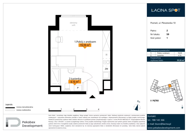 1 pokój, apartament inwestycyjny 23,55 m², piętro 2, oferta nr B.2.59, Łacina Spot, Poznań, Rataje, Łacina, ul. Pleszewska 10