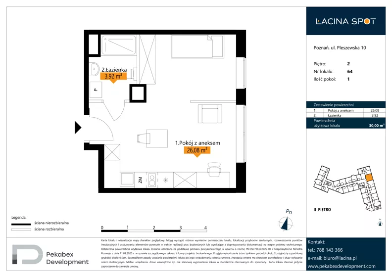 1 pokój, apartament inwestycyjny 30,00 m², piętro 2, oferta nr B.2.64, Łacina Spot, Poznań, Rataje, Łacina, ul. Pleszewska 10