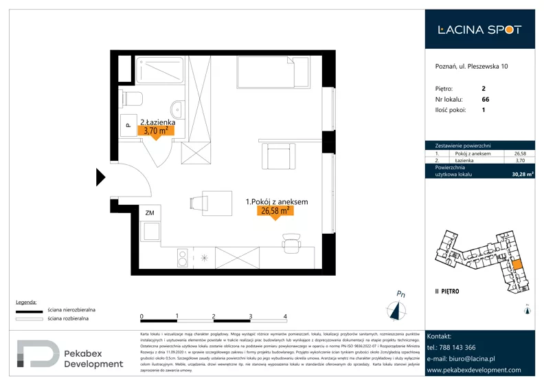 1 pokój, apartament inwestycyjny 30,28 m², piętro 2, oferta nr B.2.66, Łacina Spot, Poznań, Rataje, Łacina, ul. Pleszewska 10
