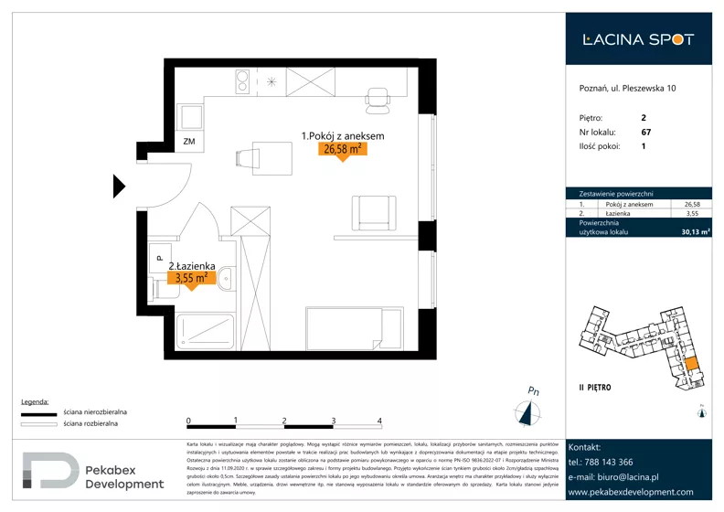1 pokój, apartament inwestycyjny 30,13 m², piętro 2, oferta nr B.2.67, Łacina Spot, Poznań, Rataje, Łacina, ul. Pleszewska 10