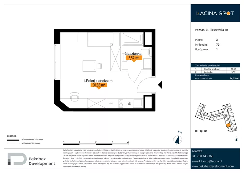 1 pokój, apartament inwestycyjny 24,15 m², piętro 3, oferta nr B.3.70, Łacina Spot, Poznań, Rataje, Łacina, ul. Pleszewska 10