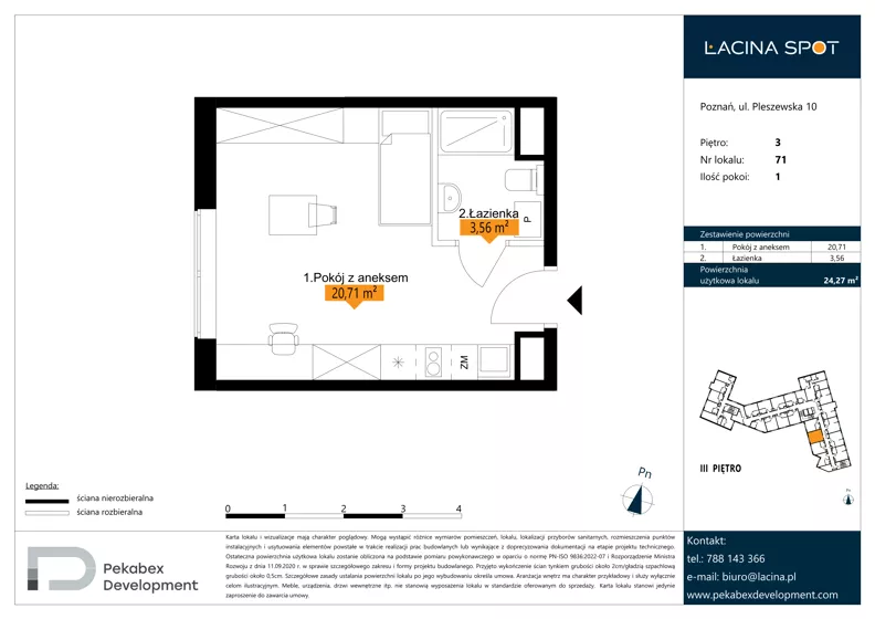 1 pokój, apartament inwestycyjny 24,27 m², piętro 3, oferta nr B.3.71, Łacina Spot, Poznań, Rataje, Łacina, ul. Pleszewska 10