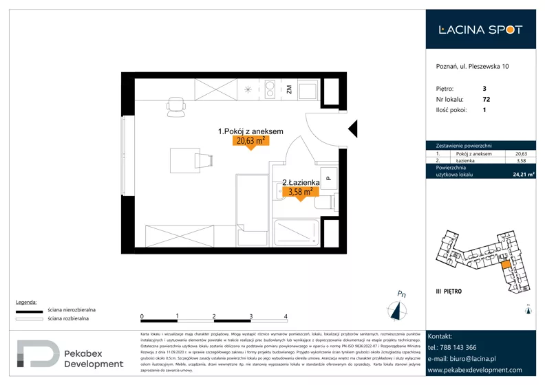 1 pokój, apartament inwestycyjny 24,21 m², piętro 3, oferta nr B.3.72, Łacina Spot, Poznań, Rataje, Łacina, ul. Pleszewska 10
