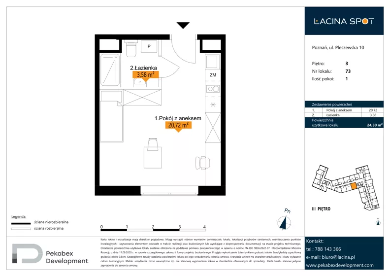 1 pokój, apartament inwestycyjny 24,30 m², piętro 3, oferta nr B.3.73, Łacina Spot, Poznań, Rataje, Łacina, ul. Pleszewska 10