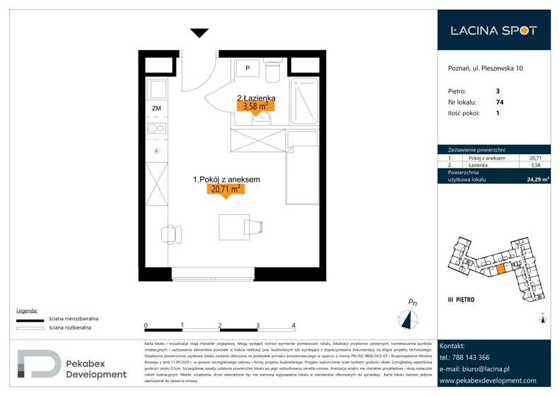 1 pokój, apartament inwestycyjny 24,29 m², piętro 3, oferta nr B.3.74, Łacina Spot, Poznań, Rataje, Łacina, ul. Pleszewska 10