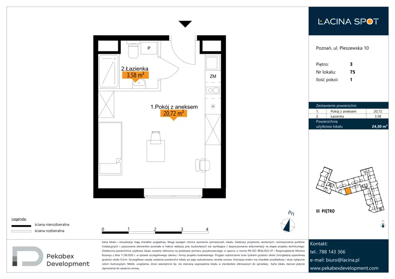 1 pokój, apartament inwestycyjny 24,30 m², piętro 3, oferta nr B.3.75, Łacina Spot, Poznań, Rataje, Łacina, ul. Pleszewska 10