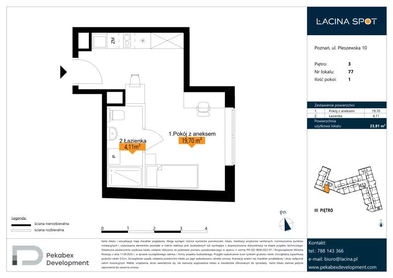1 pokój, apartament inwestycyjny 23,81 m², piętro 3, oferta nr B.3.77, Łacina Spot, Poznań, Rataje, Łacina, ul. Pleszewska 10
