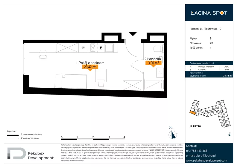 1 pokój, apartament inwestycyjny 24,32 m², piętro 3, oferta nr B.3.78, Łacina Spot, Poznań, Rataje, Łacina, ul. Pleszewska 10