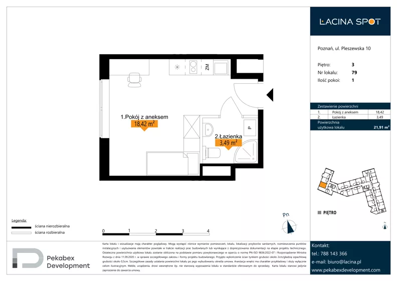 1 pokój, apartament inwestycyjny 21,91 m², piętro 3, oferta nr B.3.79, Łacina Spot, Poznań, Rataje, Łacina, ul. Pleszewska 10