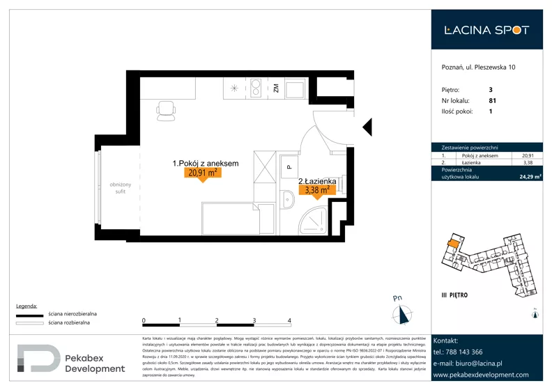 1 pokój, apartament inwestycyjny 24,29 m², piętro 3, oferta nr B.3.81, Łacina Spot, Poznań, Rataje, Łacina, ul. Pleszewska 10
