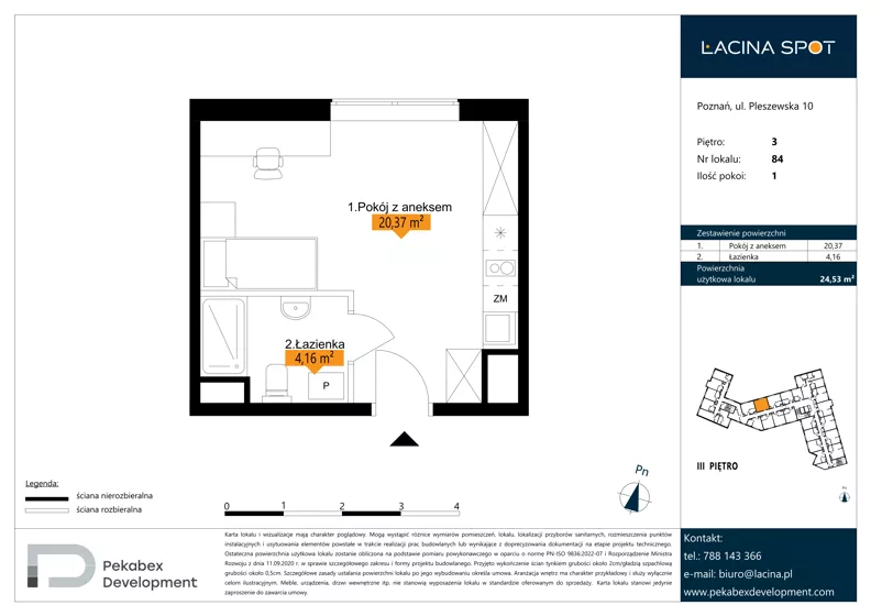 1 pokój, apartament inwestycyjny 24,53 m², piętro 3, oferta nr B.3.84, Łacina Spot, Poznań, Rataje, Łacina, ul. Pleszewska 10