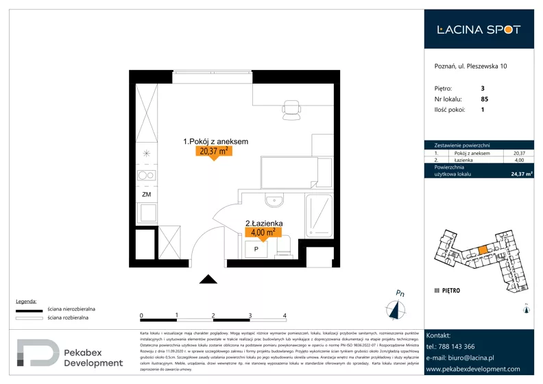 1 pokój, apartament inwestycyjny 24,37 m², piętro 3, oferta nr B.3.85, Łacina Spot, Poznań, Rataje, Łacina, ul. Pleszewska 10