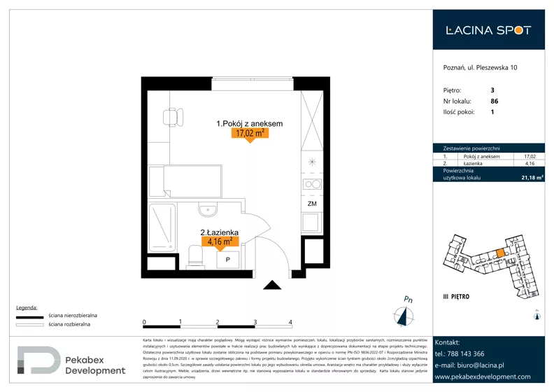 1 pokój, apartament inwestycyjny 21,18 m², piętro 3, oferta nr B.3.86, Łacina Spot, Poznań, Rataje, Łacina, ul. Pleszewska 10