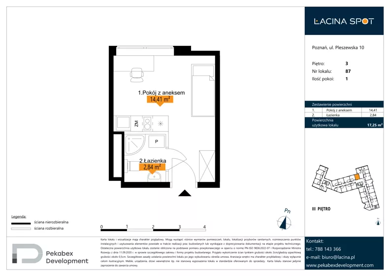 1 pokój, apartament inwestycyjny 17,25 m², piętro 3, oferta nr B.3.87, Łacina Spot, Poznań, Rataje, Łacina, ul. Pleszewska 10
