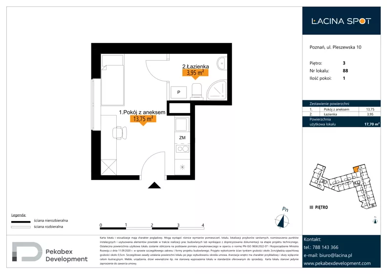 1 pokój, apartament inwestycyjny 17,70 m², piętro 3, oferta nr B.3.88, Łacina Spot, Poznań, Rataje, Łacina, ul. Pleszewska 10