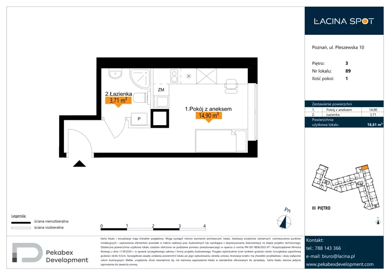 1 pokój, apartament inwestycyjny 18,61 m², piętro 3, oferta nr B.3.89, Łacina Spot, Poznań, Rataje, Łacina, ul. Pleszewska 10