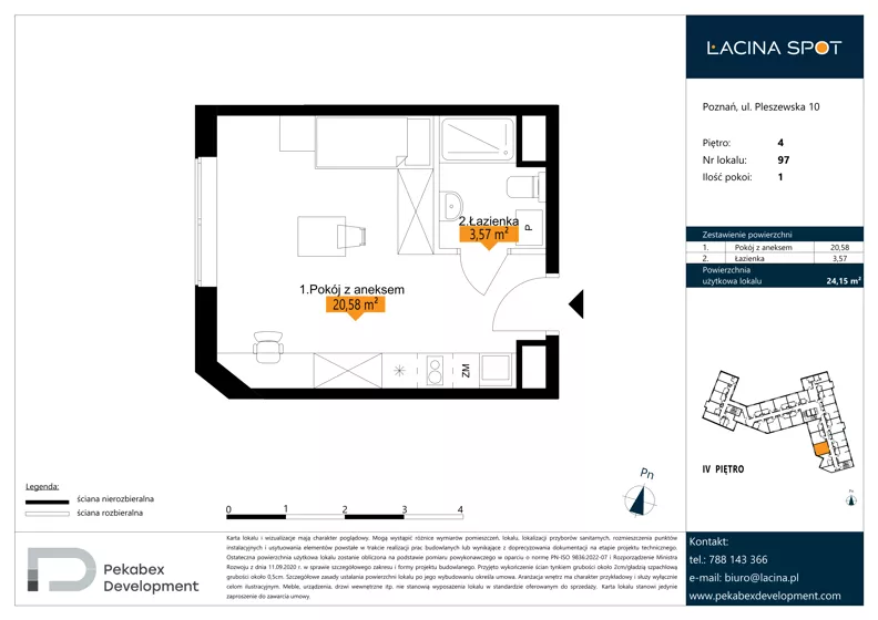 1 pokój, apartament inwestycyjny 24,15 m², piętro 4, oferta nr B.4.97, Łacina Spot, Poznań, Rataje, Łacina, ul. Pleszewska 10