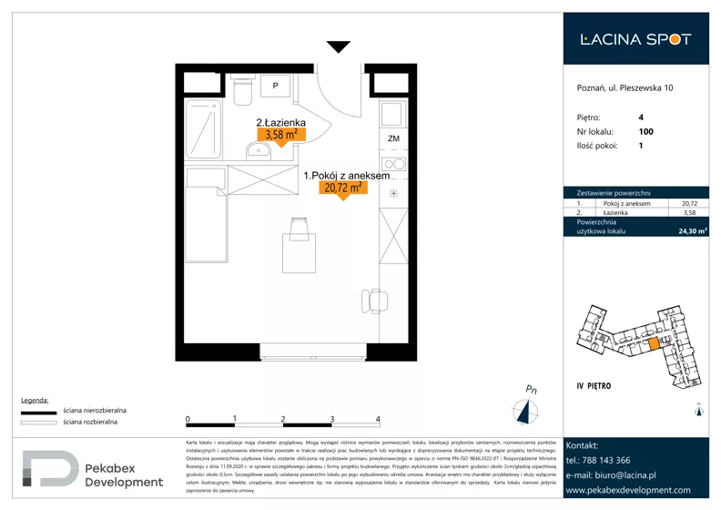 1 pokój, apartament inwestycyjny 24,30 m², piętro 4, oferta nr B.4.100, Łacina Spot, Poznań, Rataje, Łacina, ul. Pleszewska 10