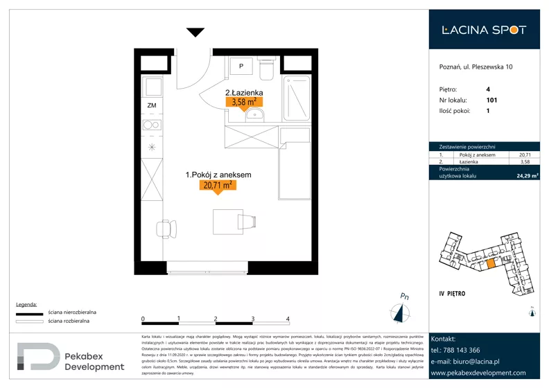 1 pokój, apartament inwestycyjny 24,29 m², piętro 4, oferta nr B.4.101, Łacina Spot, Poznań, Rataje, Łacina, ul. Pleszewska 10