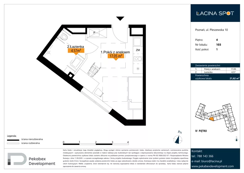 1 pokój, apartament inwestycyjny 21,62 m², piętro 4, oferta nr B.4.103, Łacina Spot, Poznań, Rataje, Łacina, ul. Pleszewska 10