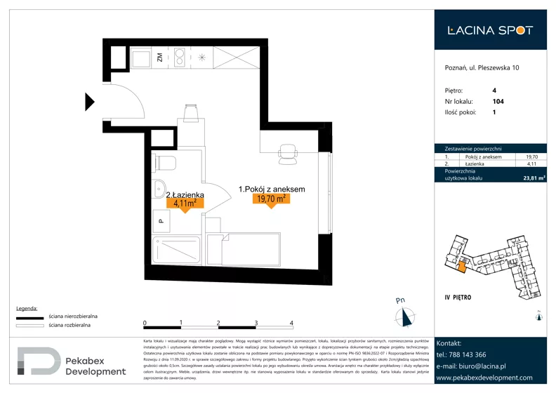 1 pokój, apartament inwestycyjny 23,81 m², piętro 4, oferta nr B.4.104, Łacina Spot, Poznań, Rataje, Łacina, ul. Pleszewska 10
