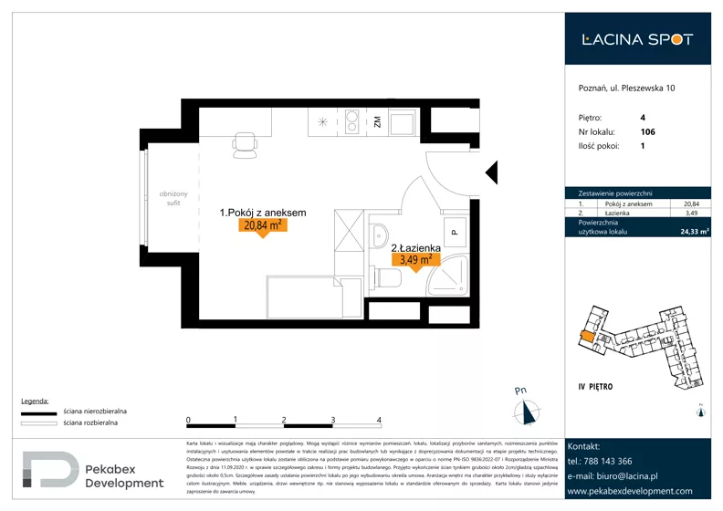 1 pokój, apartament inwestycyjny 24,33 m², piętro 4, oferta nr B.4.106, Łacina Spot, Poznań, Rataje, Łacina, ul. Pleszewska 10