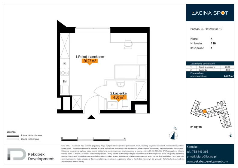 1 pokój, apartament inwestycyjny 24,27 m², piętro 4, oferta nr B.4.110, Łacina Spot, Poznań, Rataje, Łacina, ul. Pleszewska 10
