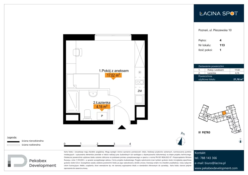 1 pokój, apartament inwestycyjny 21,18 m², piętro 4, oferta nr B.4.113, Łacina Spot, Poznań, Rataje, Łacina, ul. Pleszewska 10